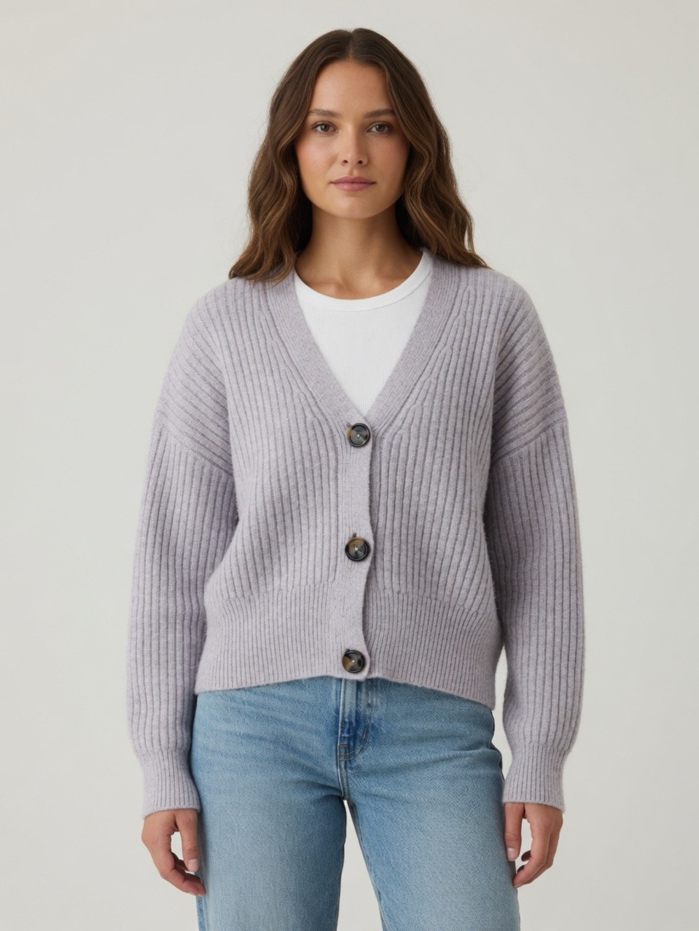 76. | cleo |  Lilac Ribbed V-Neck Button Cardigan | XL
